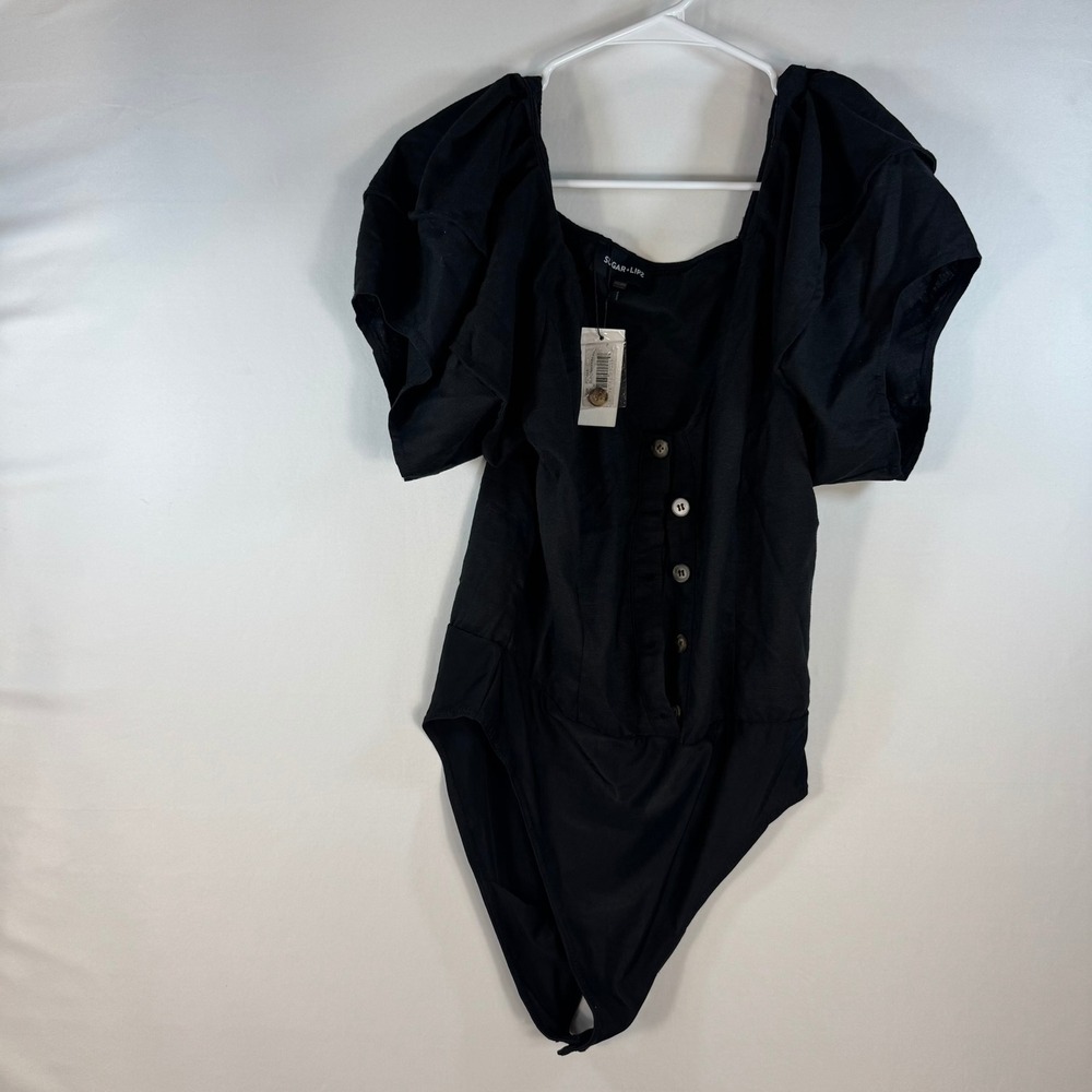 Sugarlips Black Linen Puff Sleeve Bodysuit Square Neck Button Front P2744A Med